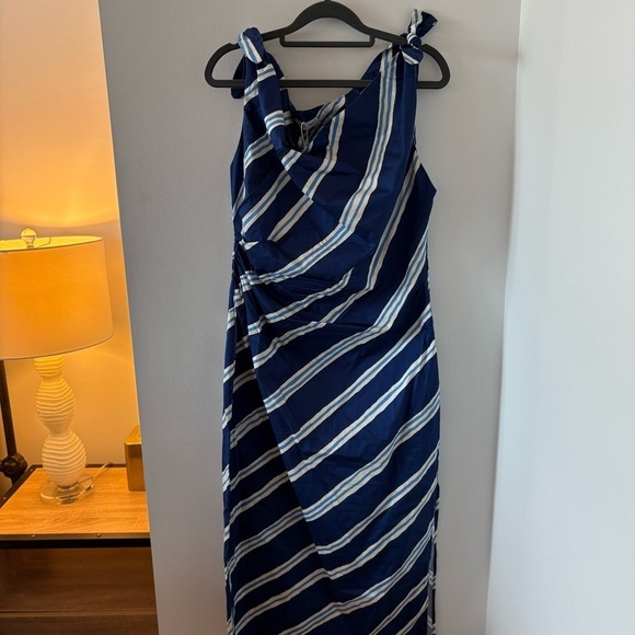 Mango Tie Shoulder 100% Cotton Striped Print Gathered Waist Side Slit Dress NWT - Picture 8 of 13